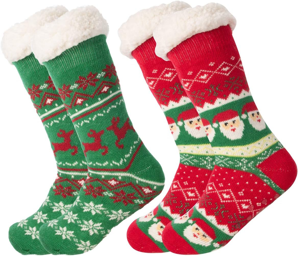 DG Hill Sock Slippers for Women - 2 Pack Non Slip Socks - Fuzzy Socks Warm Socks with Grippers Sherpa Fleece Lined Thermal