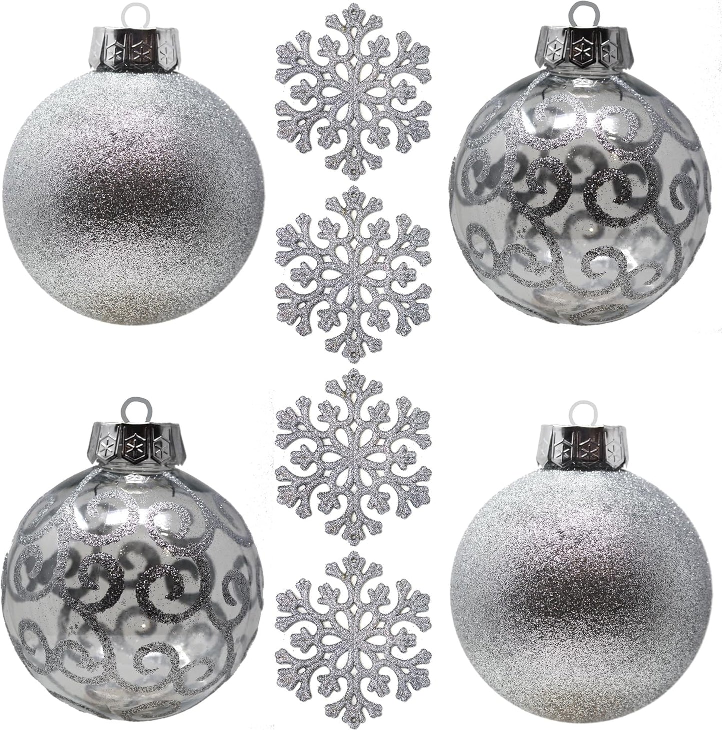 SLEETLY Big Black Ornaments for Farmhouse Christmas Tree Holiday Xmas Decorations for Christmas - Large Shatterproof Plastic 4.72 Inch Glitter Snow Balls and Snowflakes, Ornament Set of 8