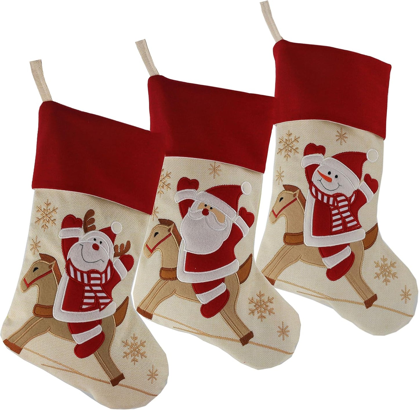 WEWILL 18'' Luxury Gold Christmas Stockings Shiny Bag for Kids, Family, Set of 3,Santa, Snowman, Reindeer