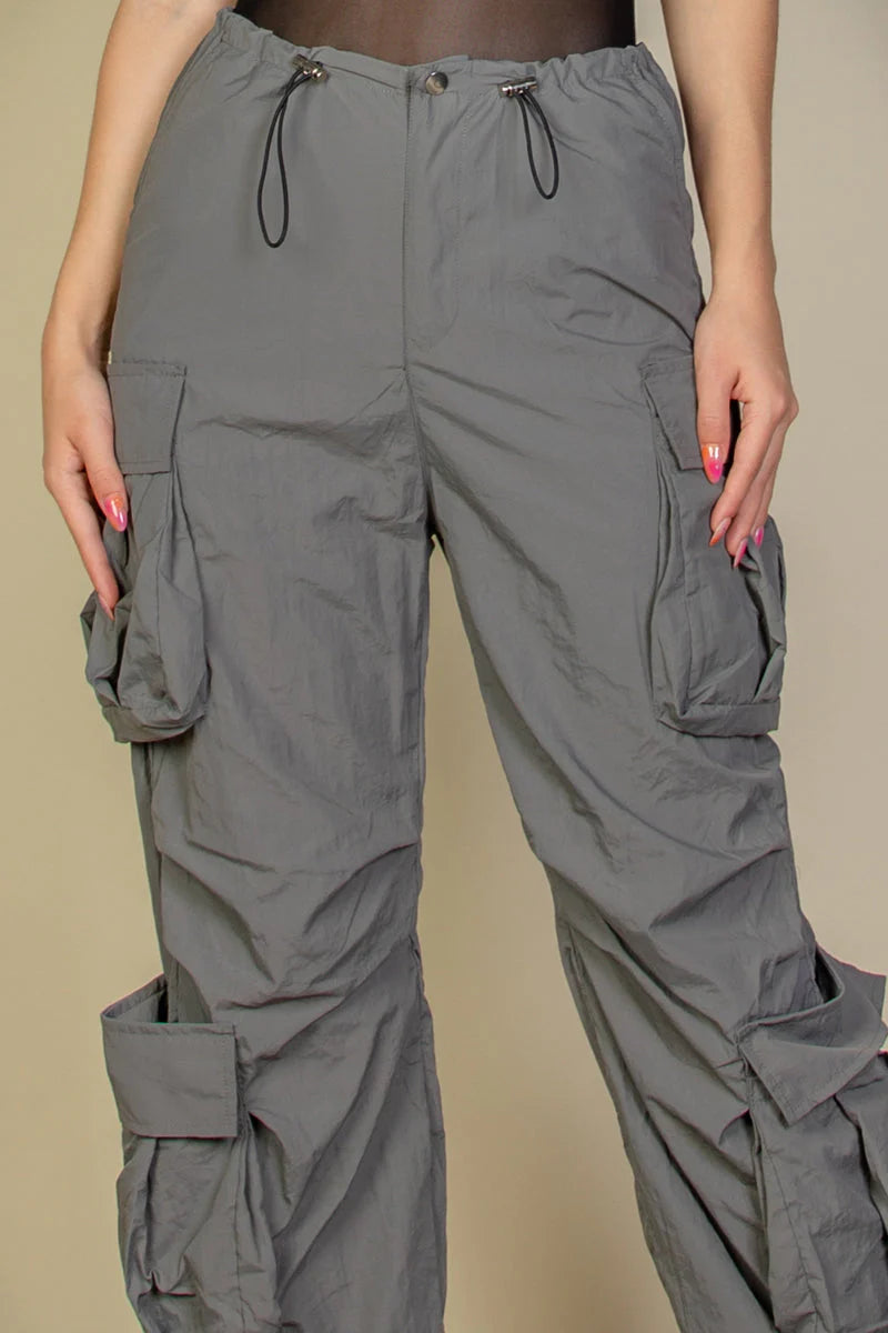 Flap Pockets Drawstring Ruched Parachute Pants (CAPELLA)