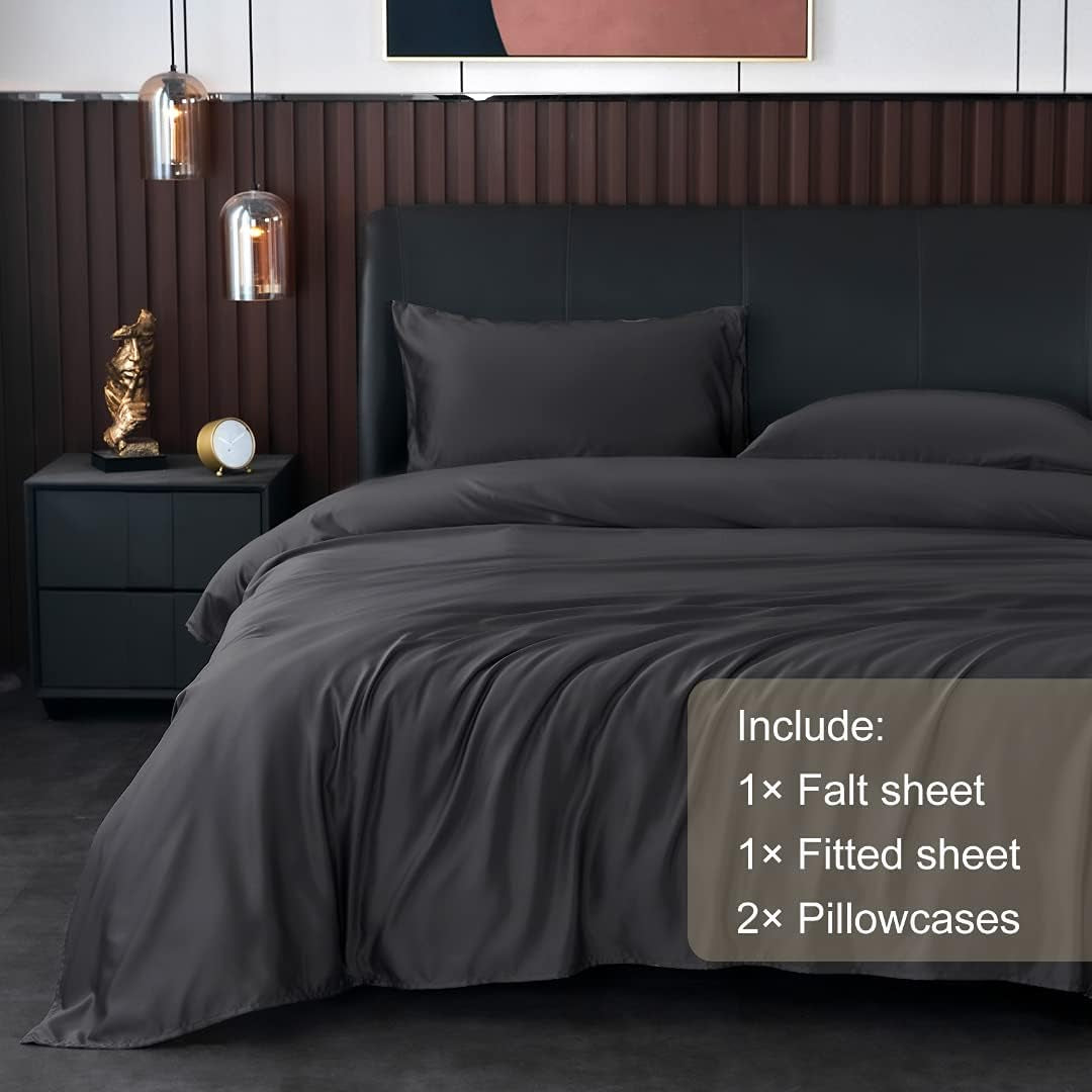 JICUSE Satin Sheets Set,Black Bed Sheets Set,California King Sheets Set,Soft Bedding Sheets & Pillowcase Sets,4 Pcs,Cooling Silky Sheets Set,1 Deep Pocket Fitted Sheet+1 Flat Sheet+2 Pillowcases