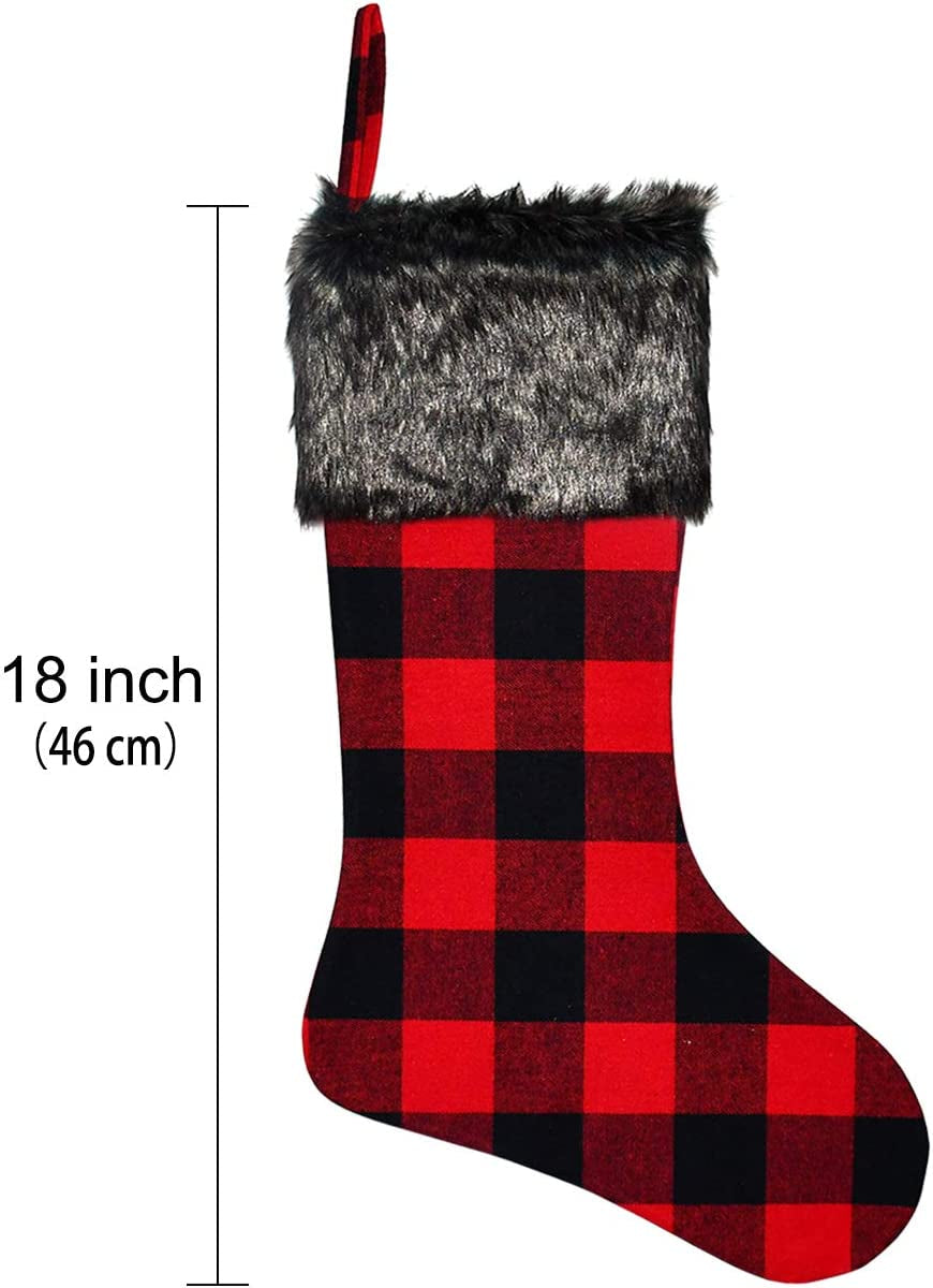 Senneny Christmas Stockings- 4 Pack 18" Red Black Buffalo Plaid Christmas Stockings with Plush Faux Fur Cuff, Classic Large Christmas Stockings Decorations for Family Christmas Holiday Party Decor