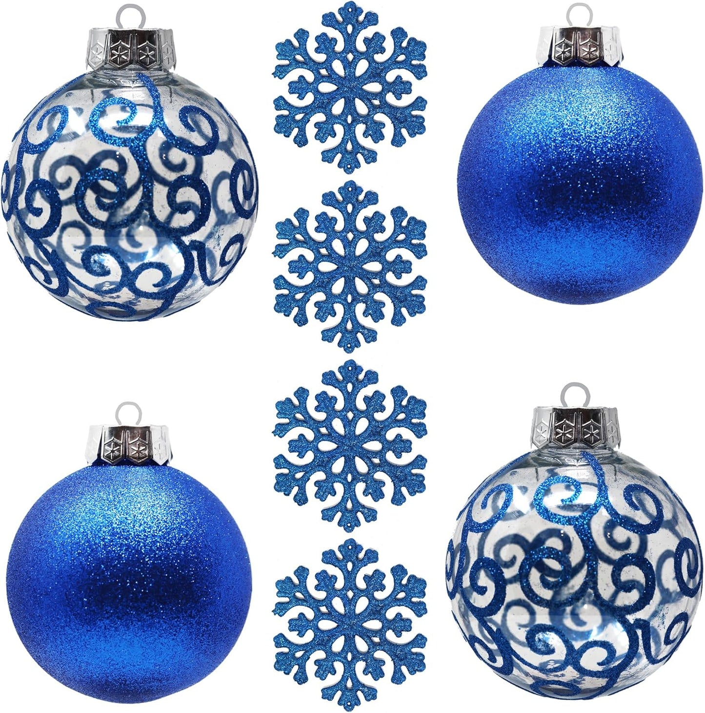 SLEETLY Big Black Ornaments for Farmhouse Christmas Tree Holiday Xmas Decorations for Christmas - Large Shatterproof Plastic 4.72 Inch Glitter Snow Balls and Snowflakes, Ornament Set of 8