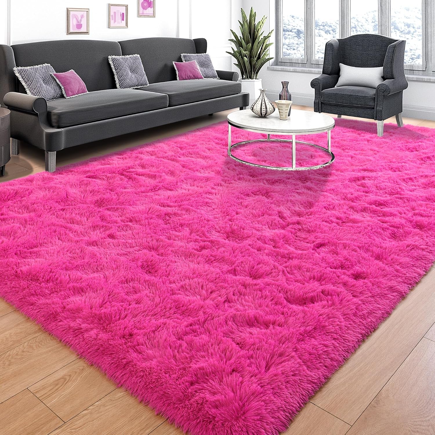 Super Soft Fluffy Rug for Bedroom, Modern Shaggy Rug Fuzzy Kids Rug for Living Room, Plush Indoor Nursery Home Decor Rug with Non-Slip Bottom, Hot Pink, 6 X 9 Feet