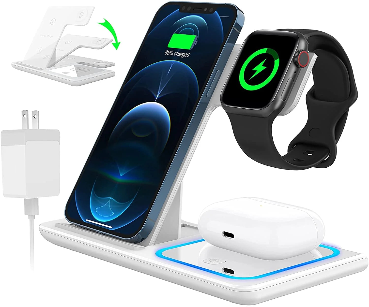 Wireless Charger, 18W Fast Iphone Charging Station for Iphone 16/15/14/13/12 /11/Pro Max/Plus, 3 in 1 Wireless Charging Stand for Iwatch Series SE 10/9/8/7/6/5/4/3, Airpods Pro/3/2 (W/ QC3.0 Adapter)