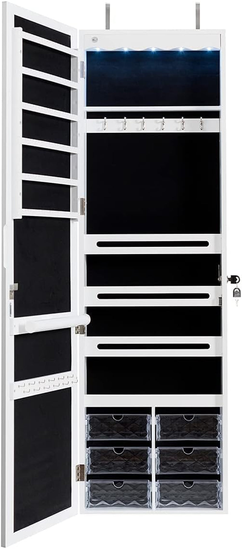 CHARMAID Jewelry Cabinet Armoire, Wall Mount Door Hanging, Lockable Jewelry Organizer with 47.5'' Full Length Mirror, 5 Lights, Large Jewelry Storage Box with 6 Acrylic Drawers (White)