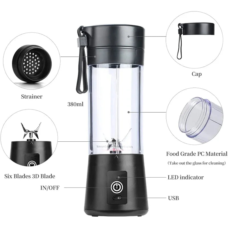 CQYJIN Portable Blender Cup,Electric USB Juicer Blender,Mini Blender Portable Blender for Shakes and Smoothies, Juice,380Ml, Six Blades Great for Mixing,