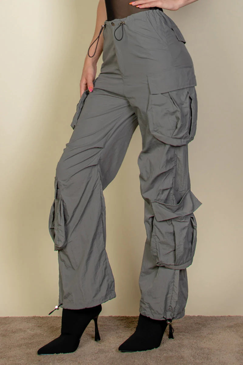 Flap Pockets Drawstring Ruched Parachute Pants (CAPELLA)