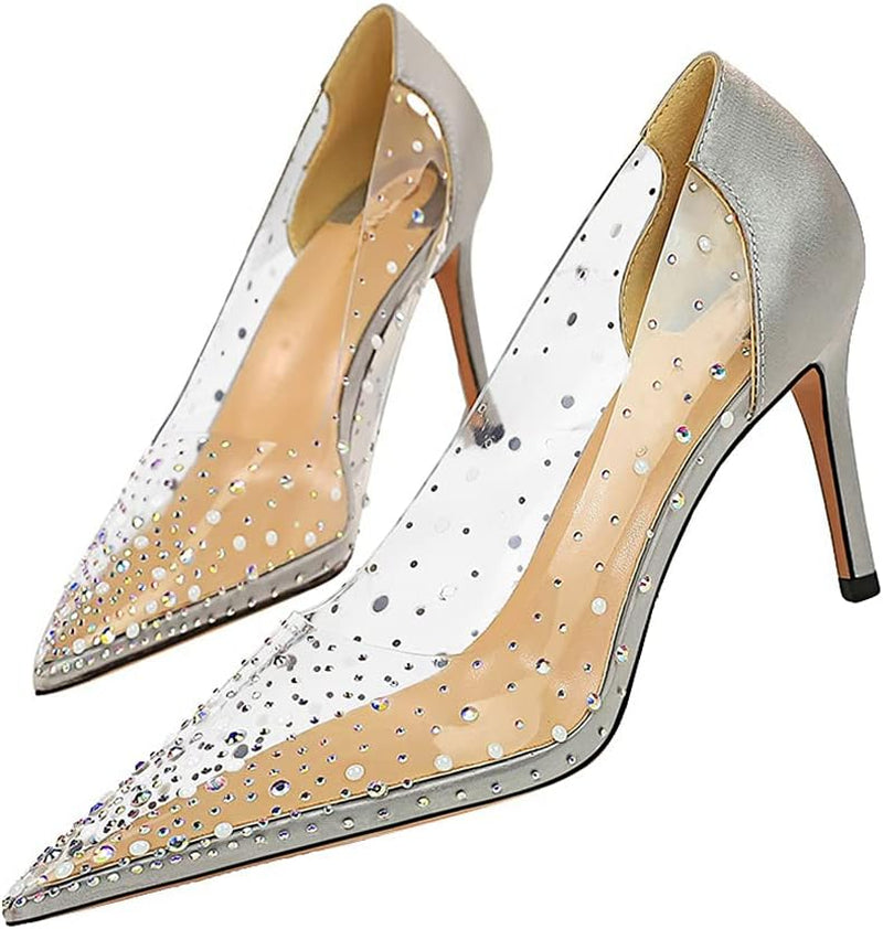 Hanfike Party Shoes for Women Sexy Pointed Toe Sparkle Transparent Pumps Shoes