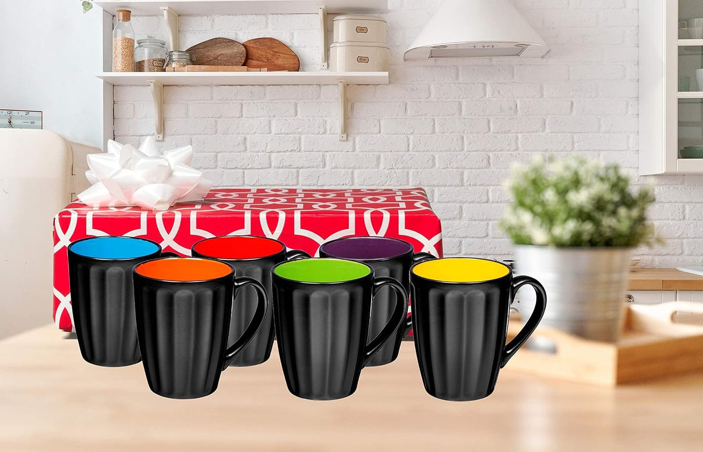 Bruntmor 16Oz Matte Black Coffee Mugs Set of 6, Large Size Ceramic Espresso Cups, 16 Ounce Coffee Mugs, Black Coffee, Multicolor Inside