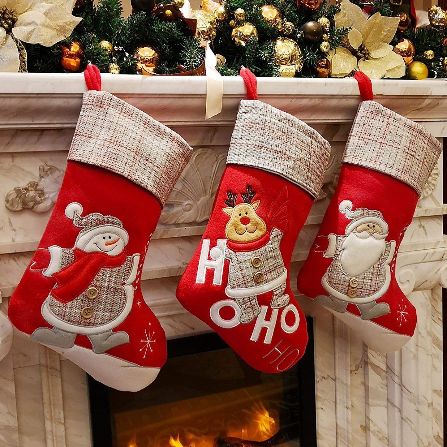 WEWILL 18'' Luxury Gold Christmas Stockings Shiny Bag for Kids, Family, Set of 3,Santa, Snowman, Reindeer