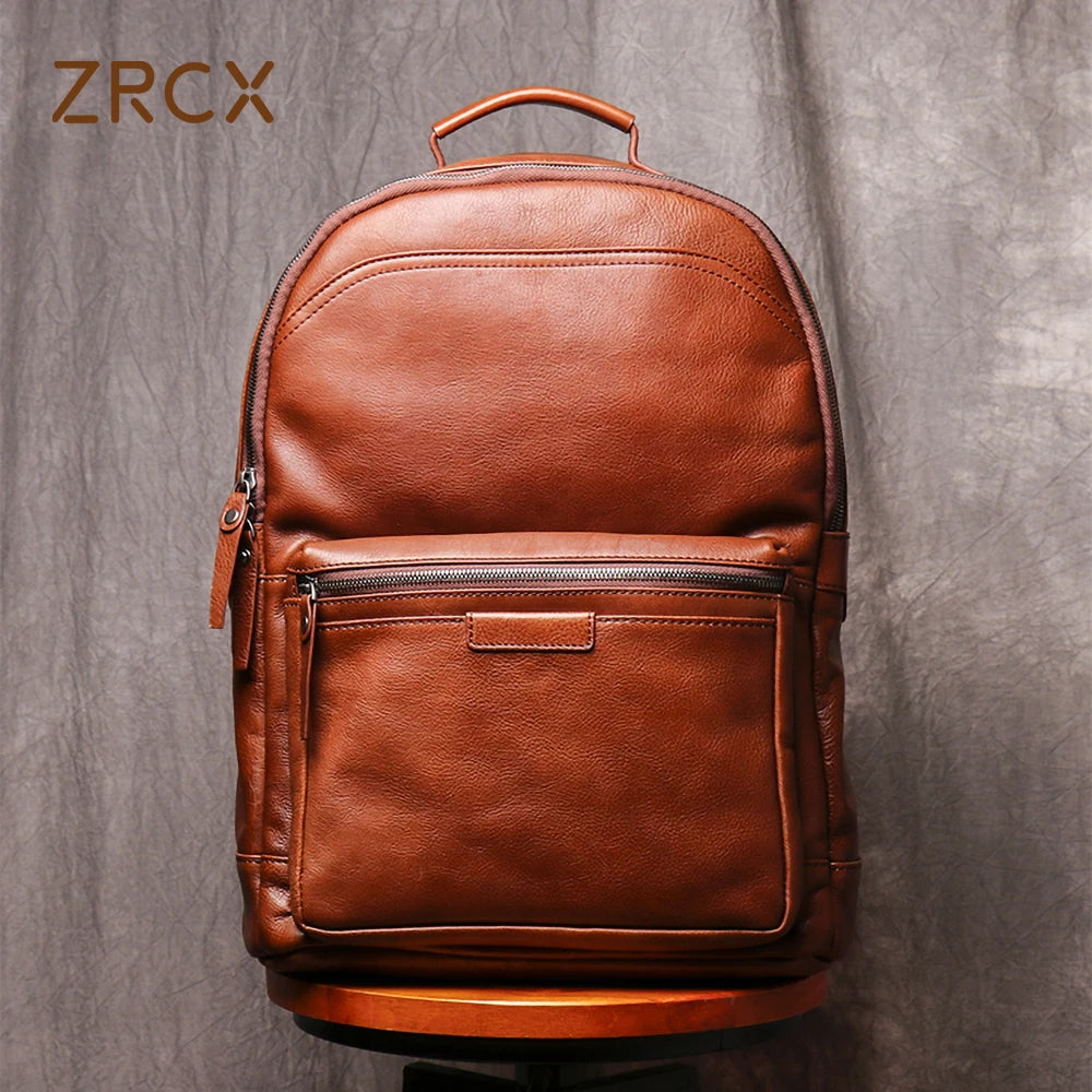 ZRCX Genuine Leather Men Backpack 14 Inch Laptop Backpack Travel School Backpack Male Fashion Backpack Brown Cowhide Backpack