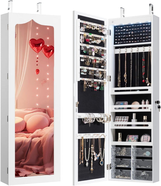 CHARMAID Jewelry Cabinet Armoire, Wall Mount Door Hanging, Lockable Jewelry Organizer with 47.5'' Full Length Mirror, 5 Lights, Large Jewelry Storage Box with 6 Acrylic Drawers (White)