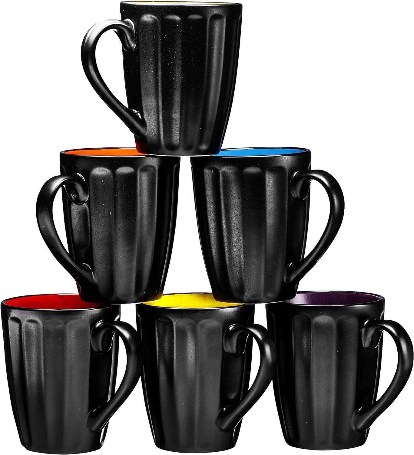 Bruntmor 16Oz Matte Black Coffee Mugs Set of 6, Large Size Ceramic Espresso Cups, 16 Ounce Coffee Mugs, Black Coffee, Multicolor Inside