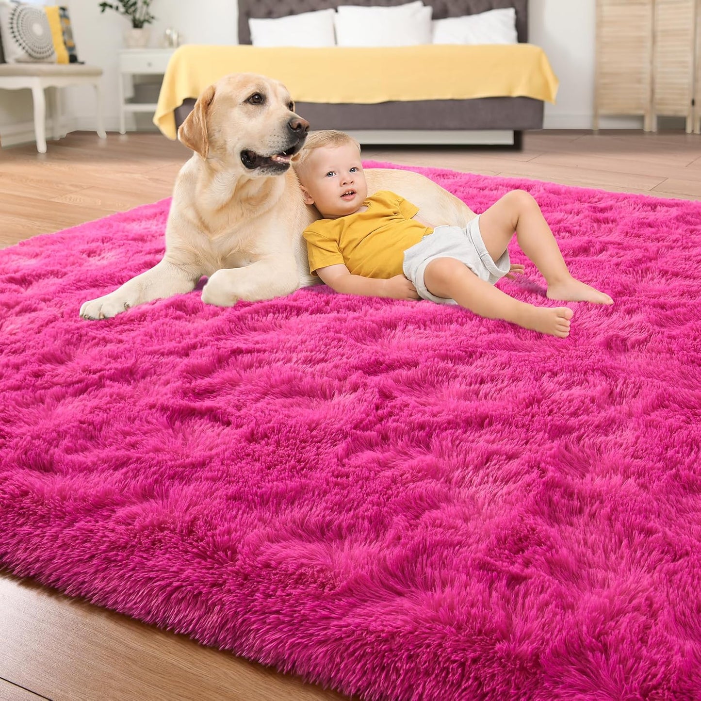 Super Soft Fluffy Rug for Bedroom, Modern Shaggy Rug Fuzzy Kids Rug for Living Room, Plush Indoor Nursery Home Decor Rug with Non-Slip Bottom, Hot Pink, 6 X 9 Feet