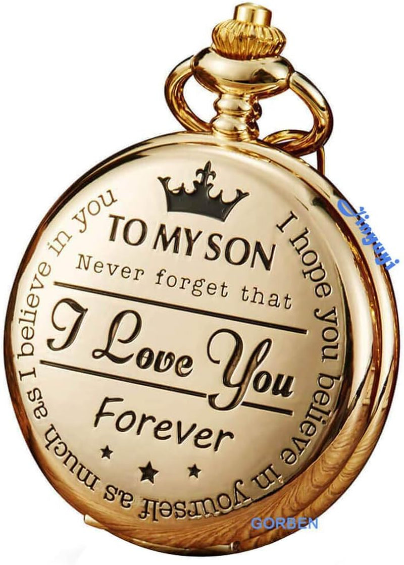 GORBEN Engraved Pocket Watch to Son I Love You Gifts from a Mom Dad Birthday Christmas Gift Fob Watches Chains