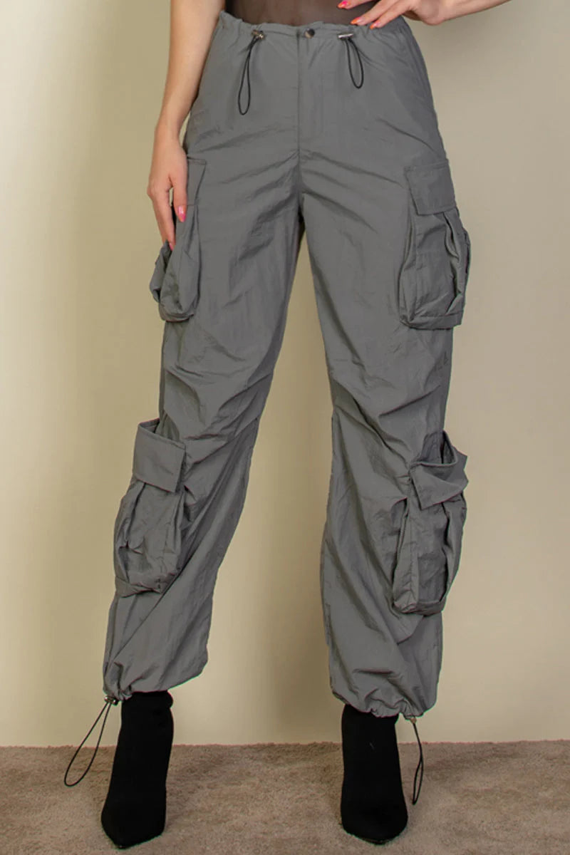 Flap Pockets Drawstring Ruched Parachute Pants (CAPELLA)