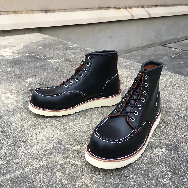 Goodyear Welted New Luxury Cow Leather Wine Red Casual Men Ankle Boots Wings Autumn Winter British Dress Work Motorcycle Boots