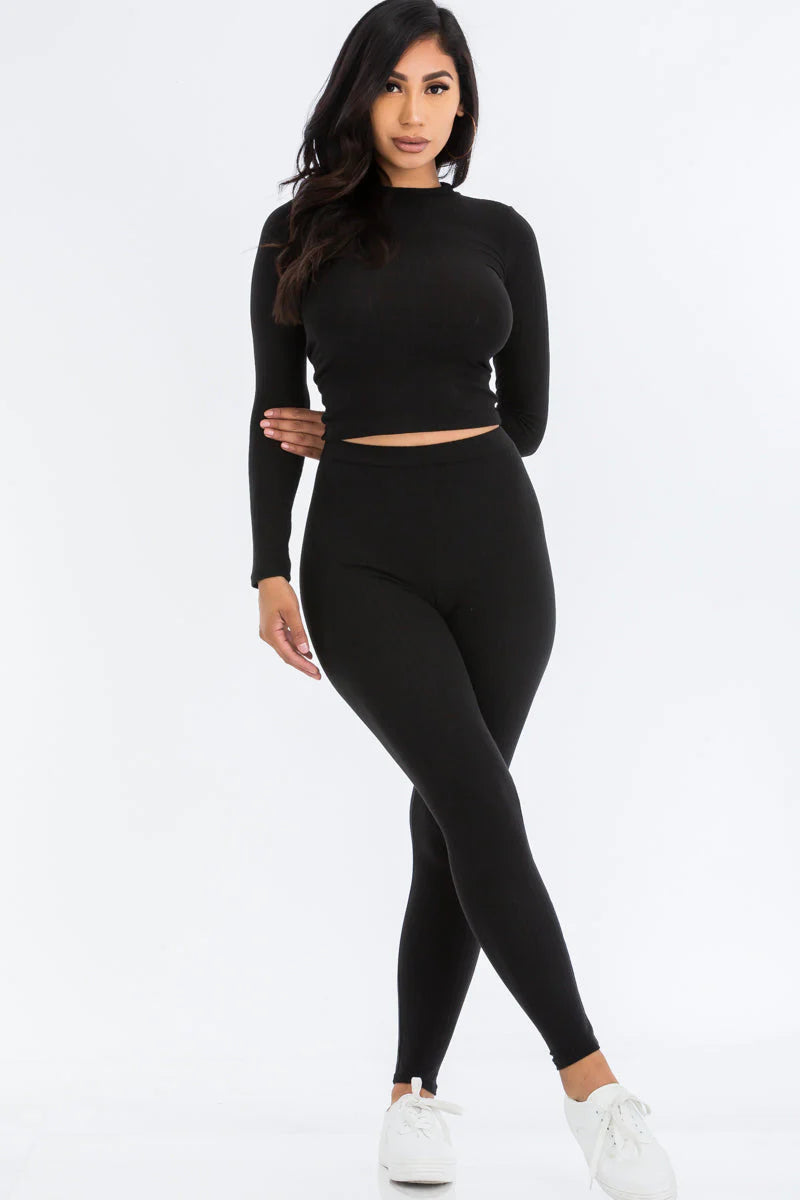 Ribbed Mock Neck Long Sleeve Top & Leggings Set (CAPELLA)