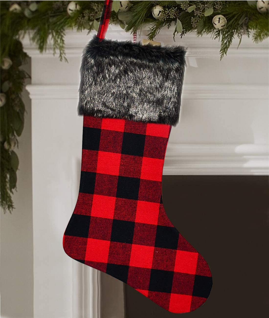 Senneny Christmas Stockings- 4 Pack 18" Red Black Buffalo Plaid Christmas Stockings with Plush Faux Fur Cuff, Classic Large Christmas Stockings Decorations for Family Christmas Holiday Party Decor