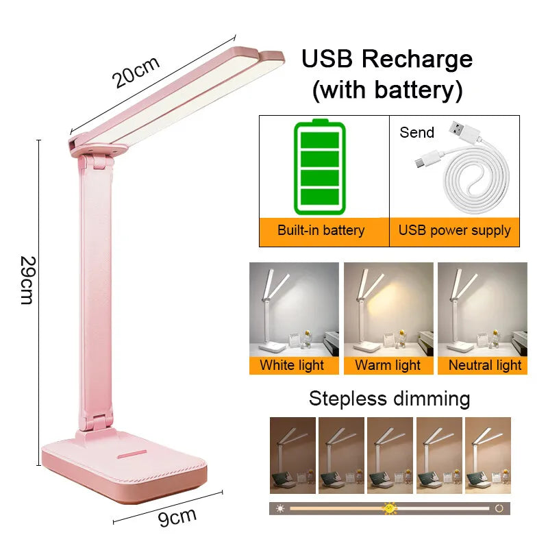 LED Desk Lamp 3 Levels Dimmable Touch Night Light USB Rechargeable Eye Protection Foldable Table Lamp for Bedroom Bedside Desk