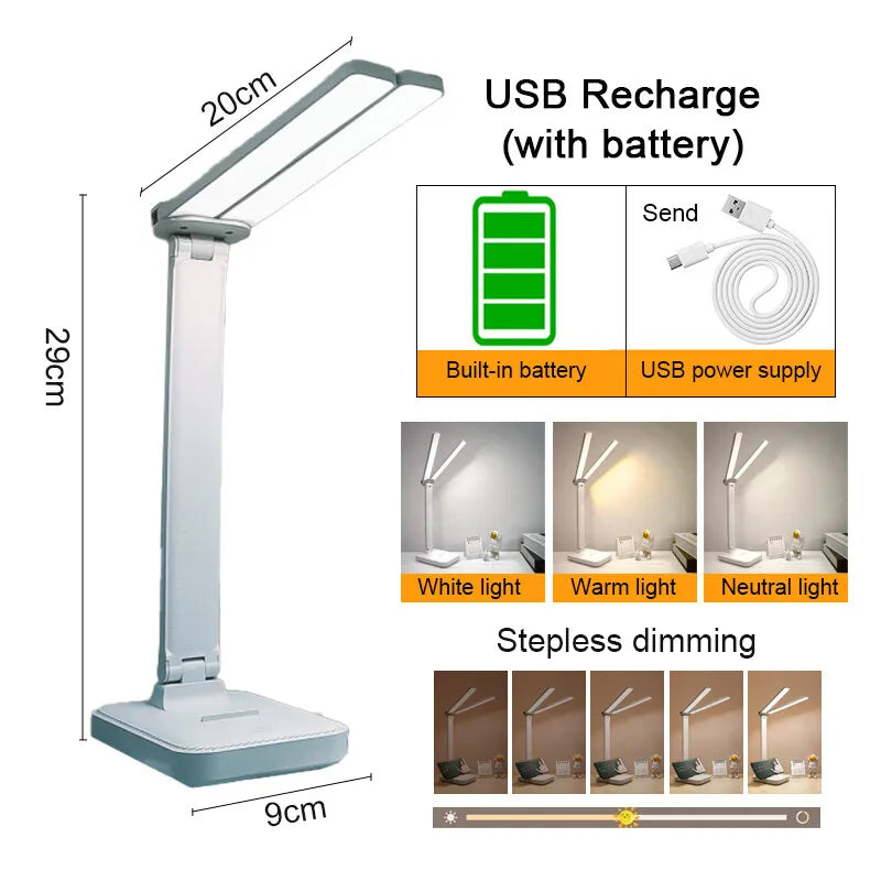 LED Desk Lamp 3 Levels Dimmable Touch Night Light USB Rechargeable Eye Protection Foldable Table Lamp for Bedroom Bedside Desk