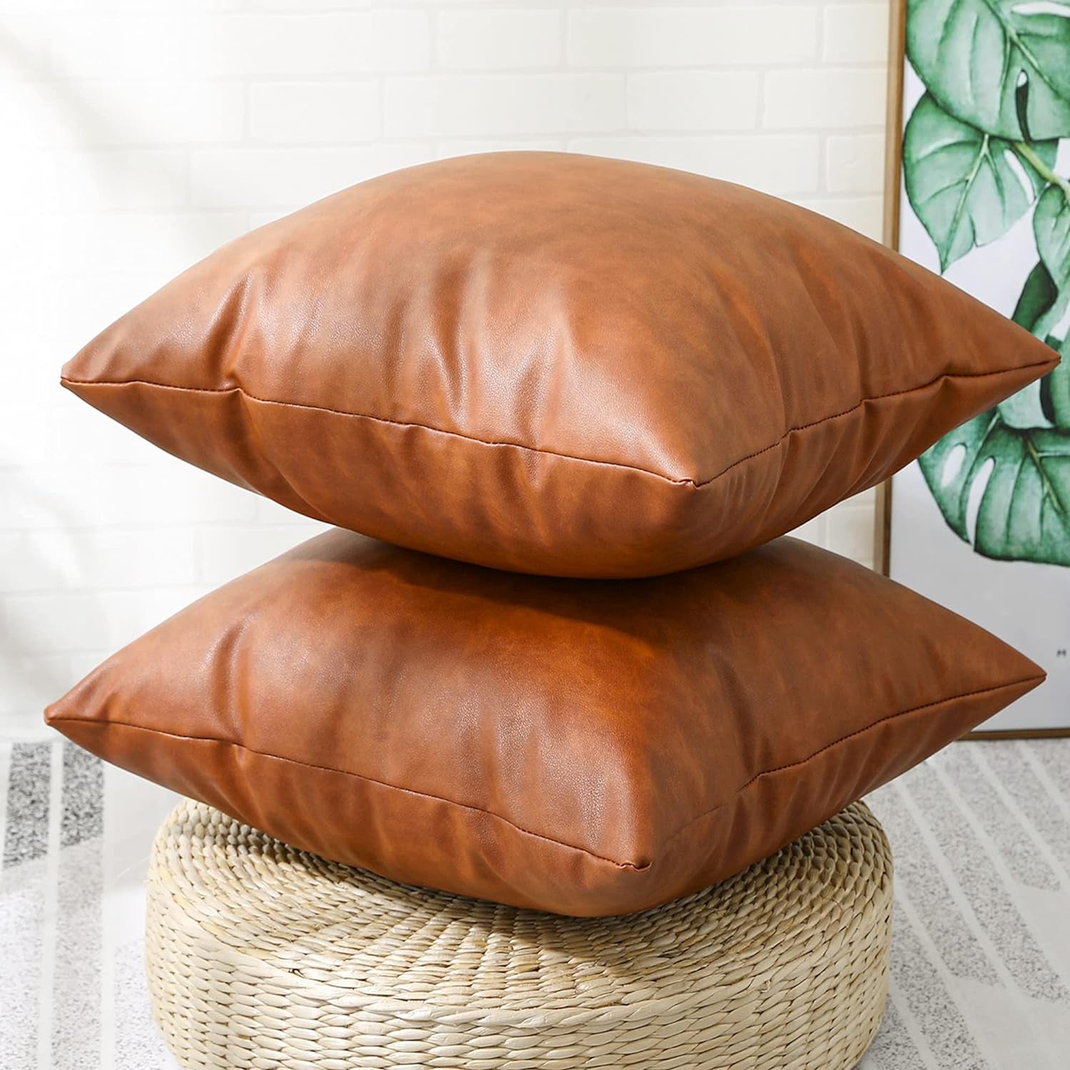 KKY Faux Leather Farmhouse Throw Pillow Cover 22X22 Inch, Modern Country Style Decorative Throw Pillow Cover for Bedroom Living Room Sofa Brown Accent Pillows.(Full Leather 2PC, 22X22 Inch)