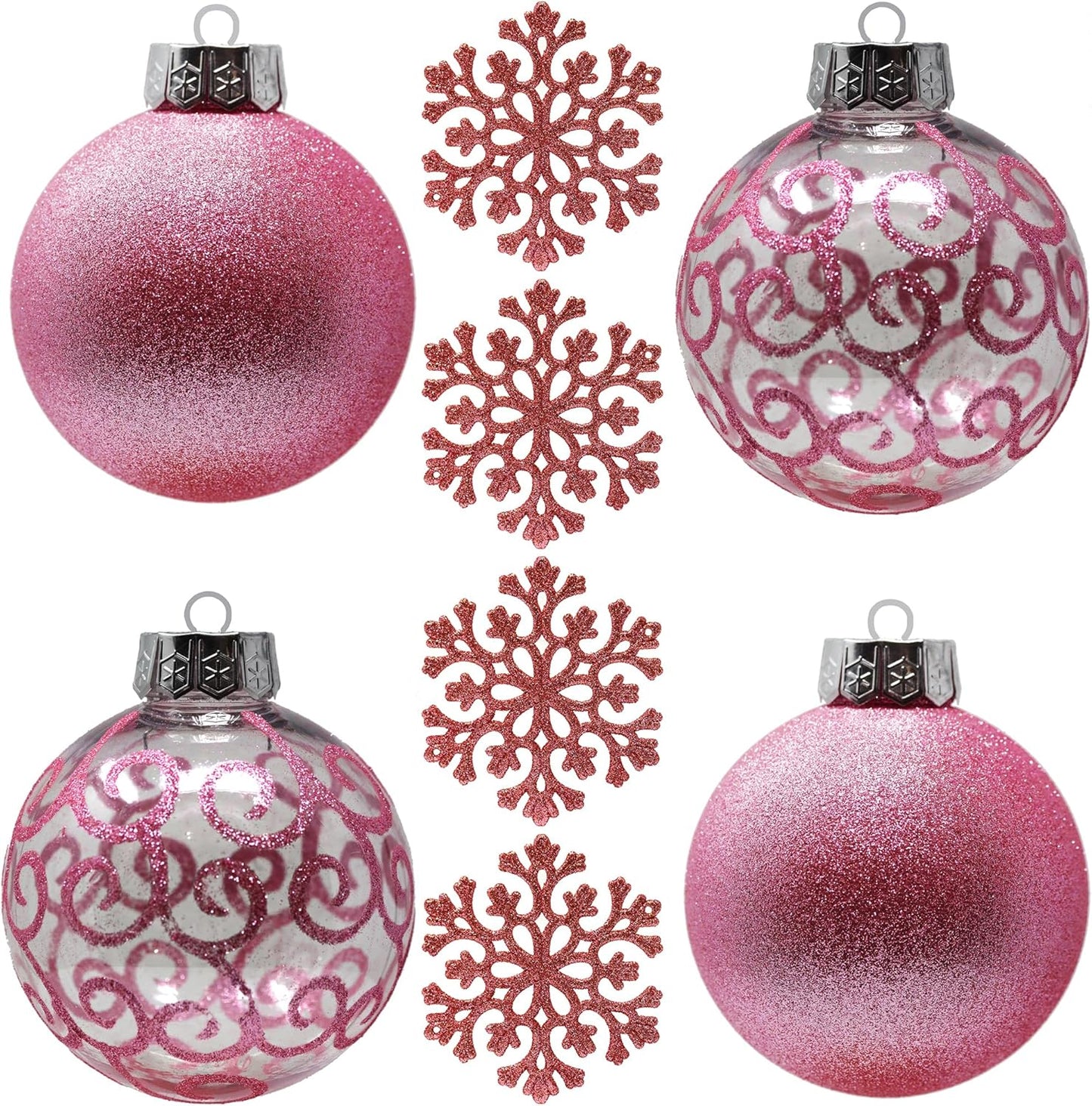 SLEETLY Big Black Ornaments for Farmhouse Christmas Tree Holiday Xmas Decorations for Christmas - Large Shatterproof Plastic 4.72 Inch Glitter Snow Balls and Snowflakes, Ornament Set of 8