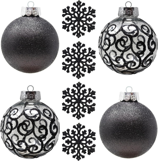 SLEETLY Big Black Ornaments for Farmhouse Christmas Tree Holiday Xmas Decorations for Christmas - Large Shatterproof Plastic 4.72 Inch Glitter Snow Balls and Snowflakes, Ornament Set of 8