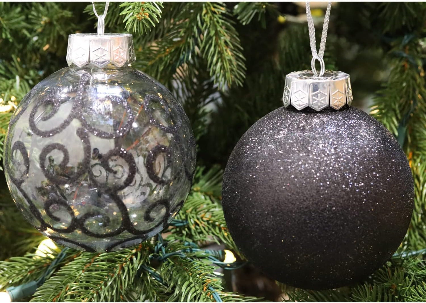 SLEETLY Big Black Ornaments for Farmhouse Christmas Tree Holiday Xmas Decorations for Christmas - Large Shatterproof Plastic 4.72 Inch Glitter Snow Balls and Snowflakes, Ornament Set of 8