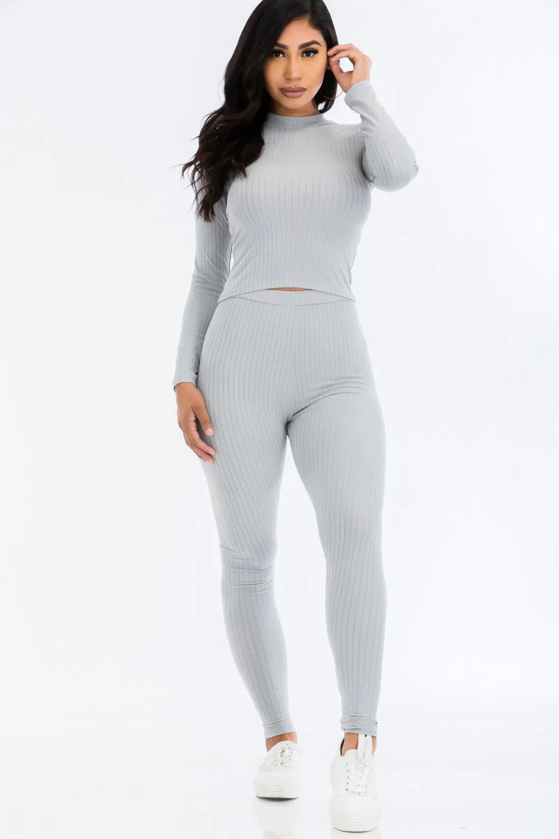 Ribbed Mock Neck Long Sleeve Top & Leggings Set (CAPELLA)