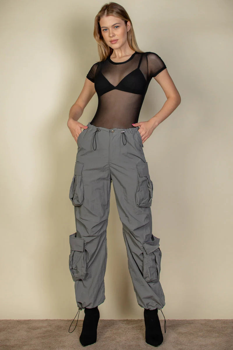 Flap Pockets Drawstring Ruched Parachute Pants (CAPELLA)