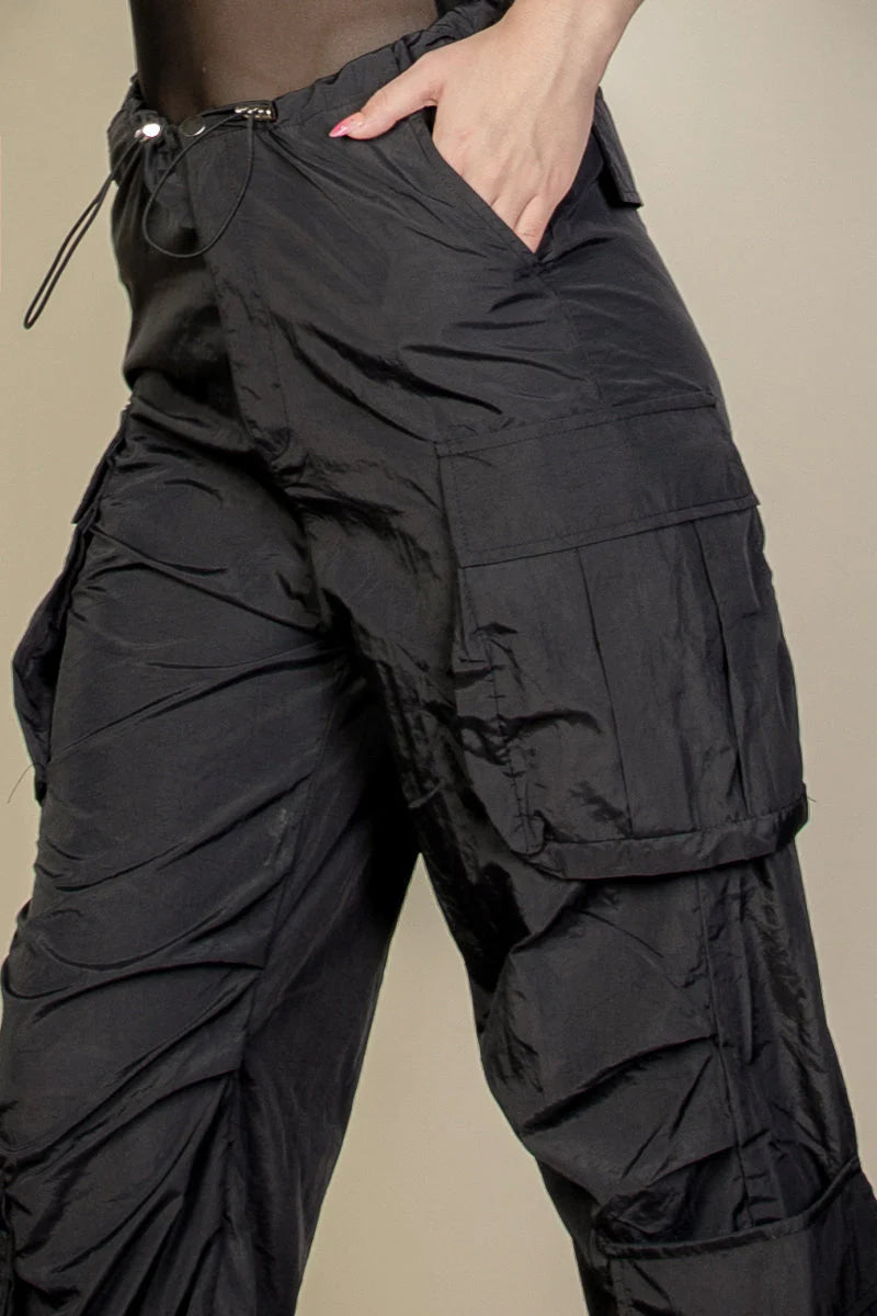 Flap Pockets Drawstring Ruched Parachute Pants (CAPELLA)