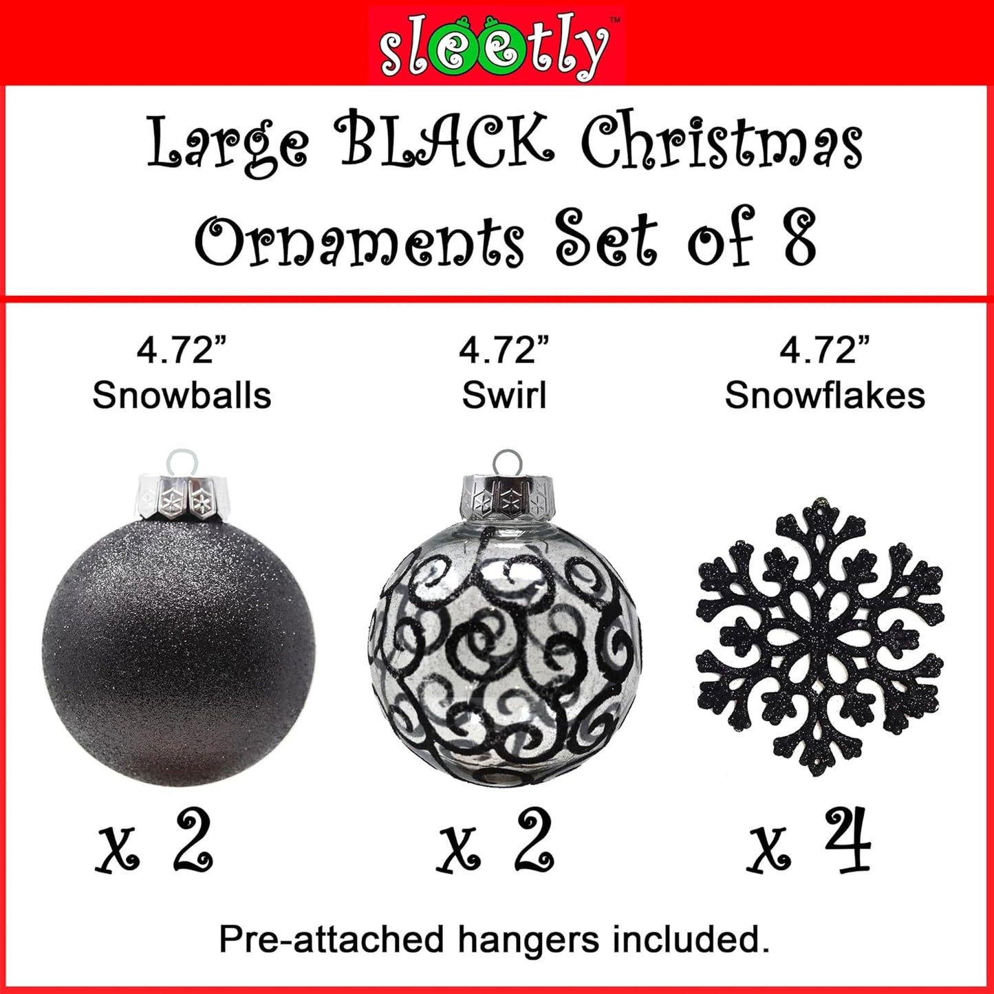 SLEETLY Big Black Ornaments for Farmhouse Christmas Tree Holiday Xmas Decorations for Christmas - Large Shatterproof Plastic 4.72 Inch Glitter Snow Balls and Snowflakes, Ornament Set of 8