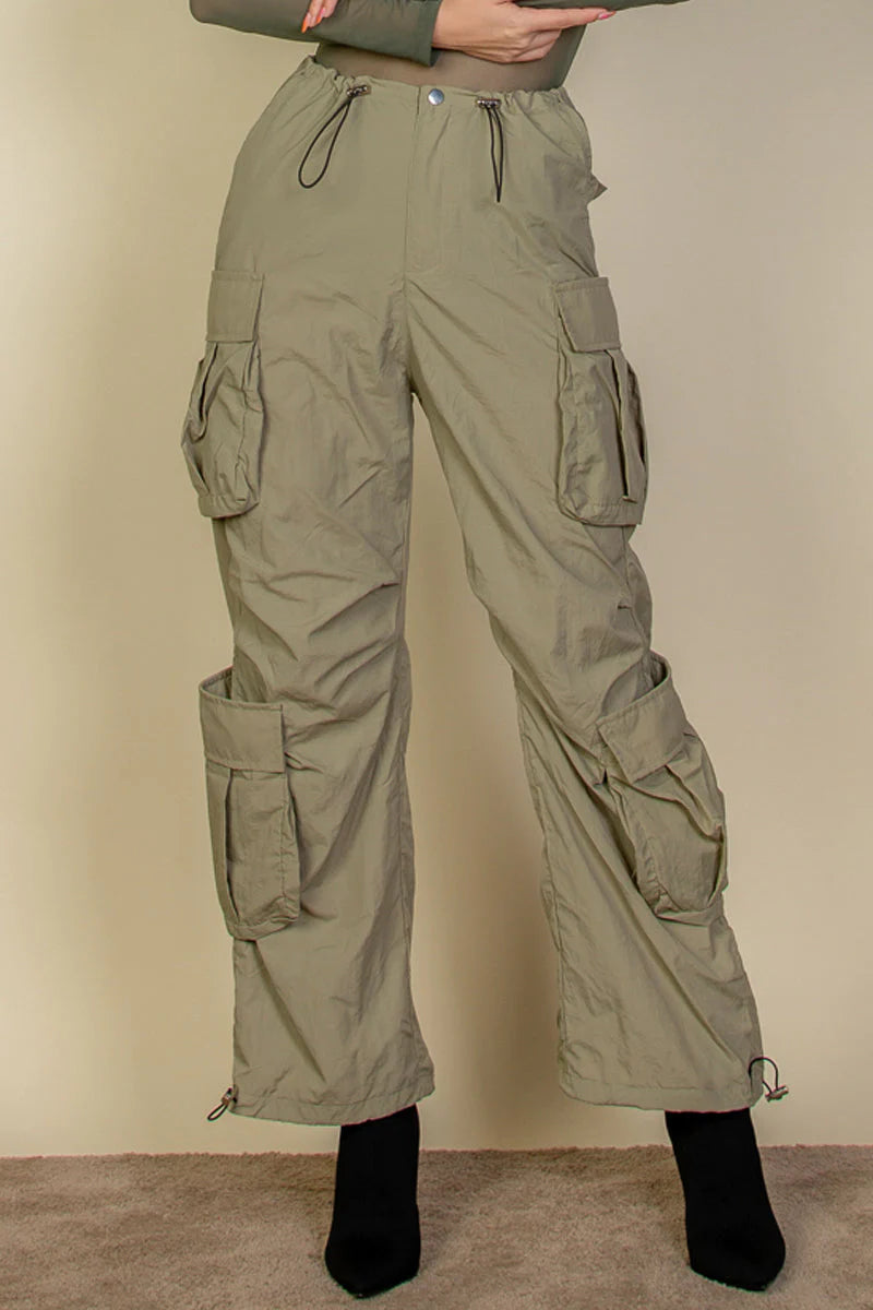 Flap Pockets Drawstring Ruched Parachute Pants (CAPELLA)