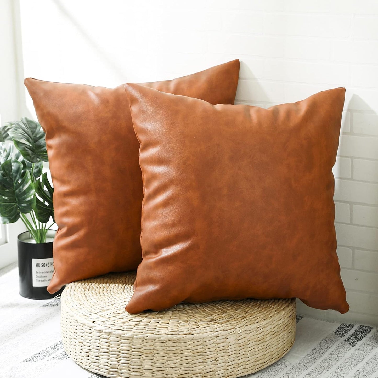 KKY Faux Leather Farmhouse Throw Pillow Cover 22X22 Inch, Modern Country Style Decorative Throw Pillow Cover for Bedroom Living Room Sofa Brown Accent Pillows.(Full Leather 2PC, 22X22 Inch)