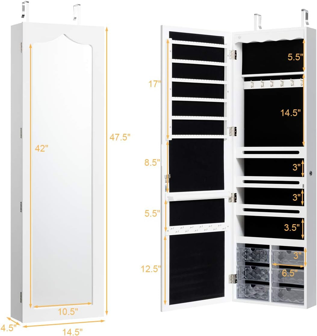 CHARMAID Jewelry Cabinet Armoire, Wall Mount Door Hanging, Lockable Jewelry Organizer with 47.5'' Full Length Mirror, 5 Lights, Large Jewelry Storage Box with 6 Acrylic Drawers (White)