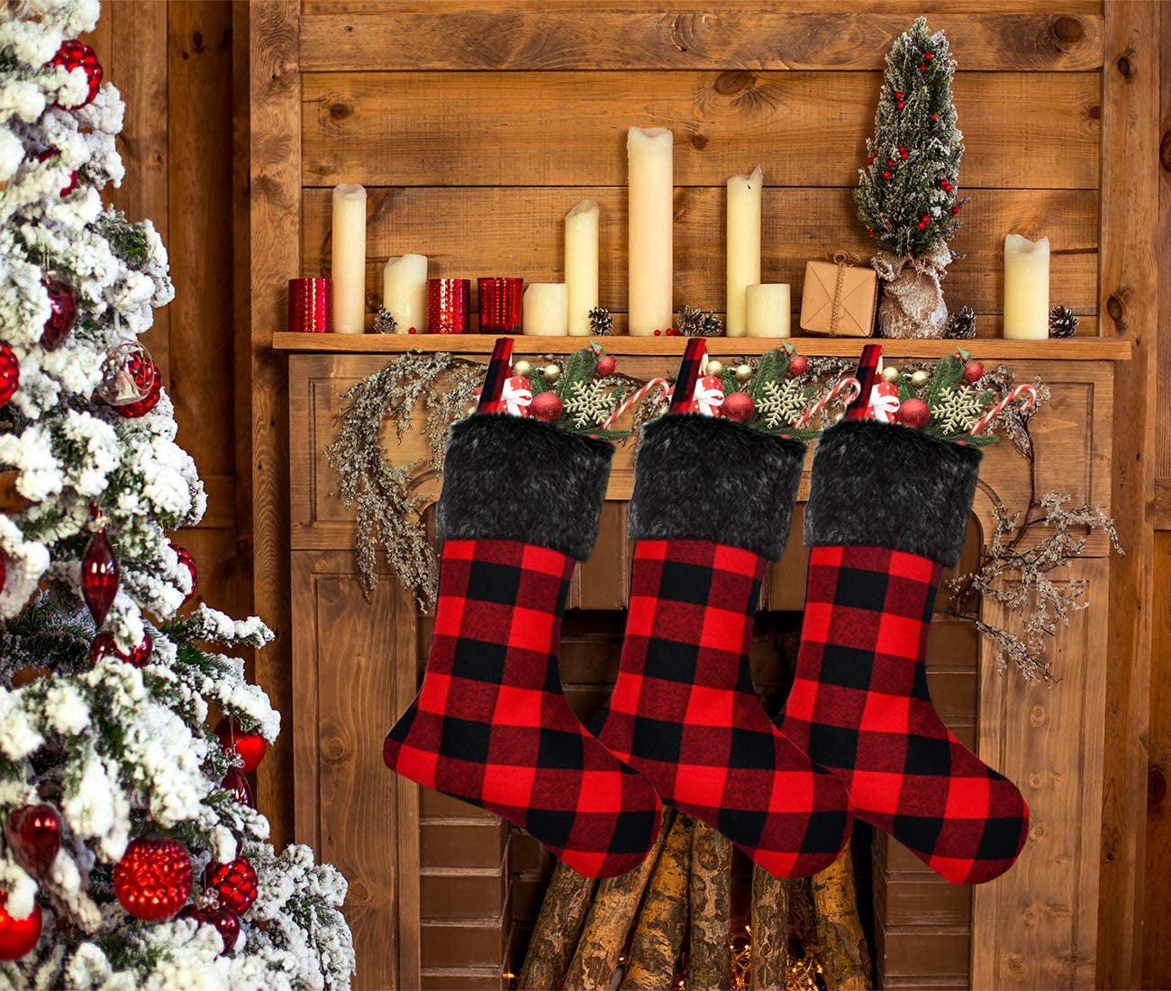 Senneny Christmas Stockings- 4 Pack 18" Red Black Buffalo Plaid Christmas Stockings with Plush Faux Fur Cuff, Classic Large Christmas Stockings Decorations for Family Christmas Holiday Party Decor