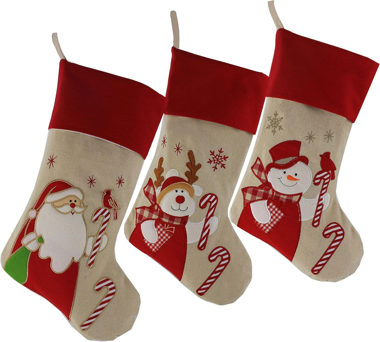 WEWILL 18'' Luxury Gold Christmas Stockings Shiny Bag for Kids, Family, Set of 3,Santa, Snowman, Reindeer