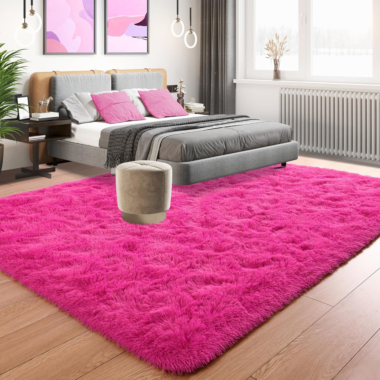 Super Soft Fluffy Rug for Bedroom, Modern Shaggy Rug Fuzzy Kids Rug for Living Room, Plush Indoor Nursery Home Decor Rug with Non-Slip Bottom, Hot Pink, 6 X 9 Feet