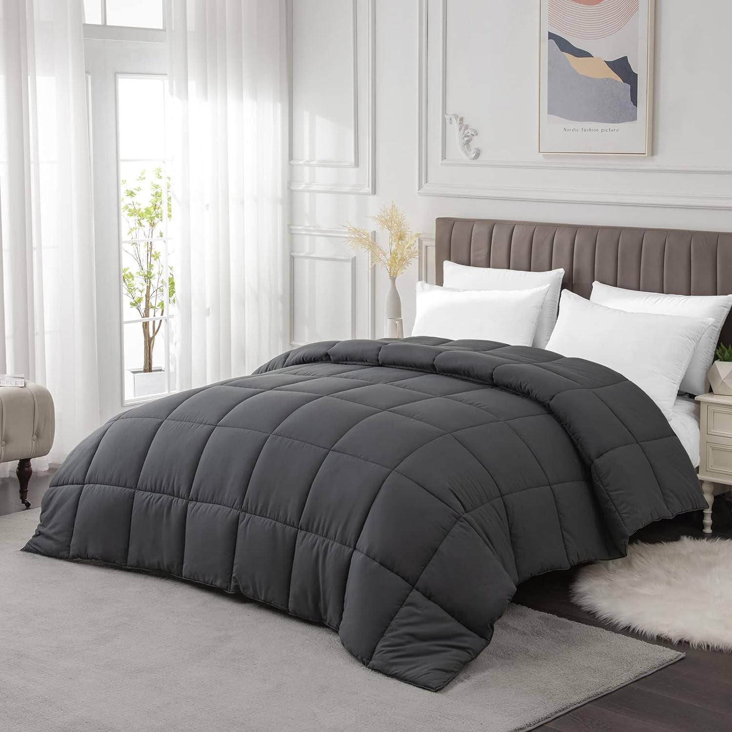 California King Comforter Duvet Insert - All Season Dark Grey Comforters Cal King - Quilted down Alternative Bedding Comforter with Corner Tabs - Winter Summer Fluffy Soft - Machine Washable