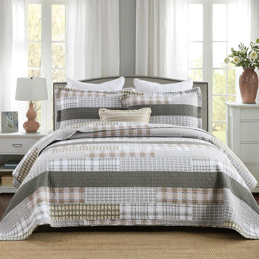 Y-PLWOMEN Quilt 100% Cotton King Size Quilt Set, Brown Khaki Black White Patchwork Plaid Bedspread, Lightweight Reversible Soft Summer Quilt Bedding Set, 3-Pieces