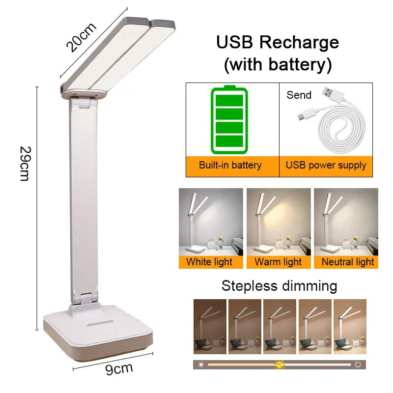 LED Desk Lamp 3 Levels Dimmable Touch Night Light USB Rechargeable Eye Protection Foldable Table Lamp for Bedroom Bedside Desk