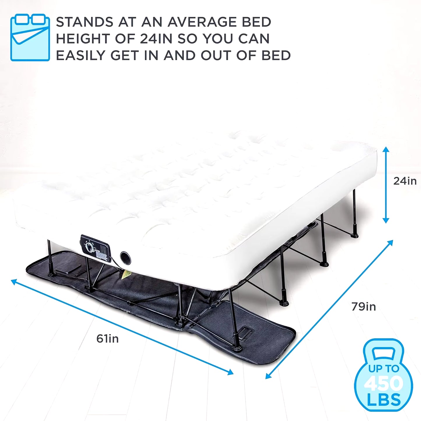 Bed (Queen) Air Mattress with Frame & Rolling Case, Self Inflatable, Blow up Bed Auto Shut-Off, Comfortable Surface Airbed