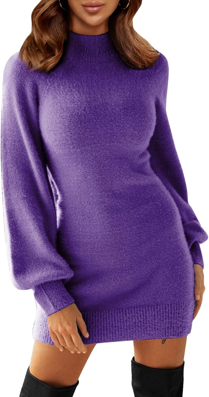 EXLURA Women'S 2024 Mock Neck Ribbed Long Sleeve Bodycon Pullover Cute Mini Sweater Dress