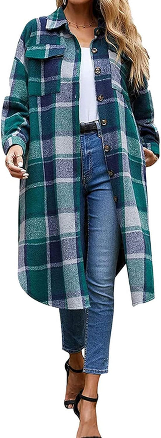 Ainangua Women'S Casual Wool Blend Long Plaid Shirt Jacket Button down Pocketed Shirt Shacket