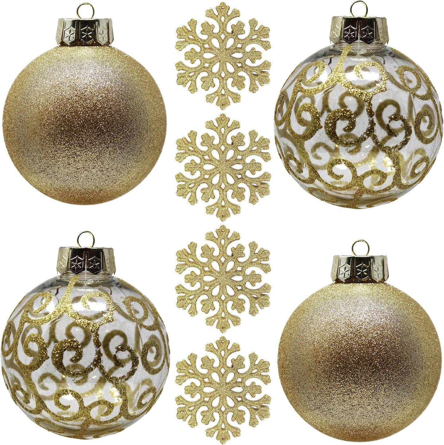 SLEETLY Big Black Ornaments for Farmhouse Christmas Tree Holiday Xmas Decorations for Christmas - Large Shatterproof Plastic 4.72 Inch Glitter Snow Balls and Snowflakes, Ornament Set of 8