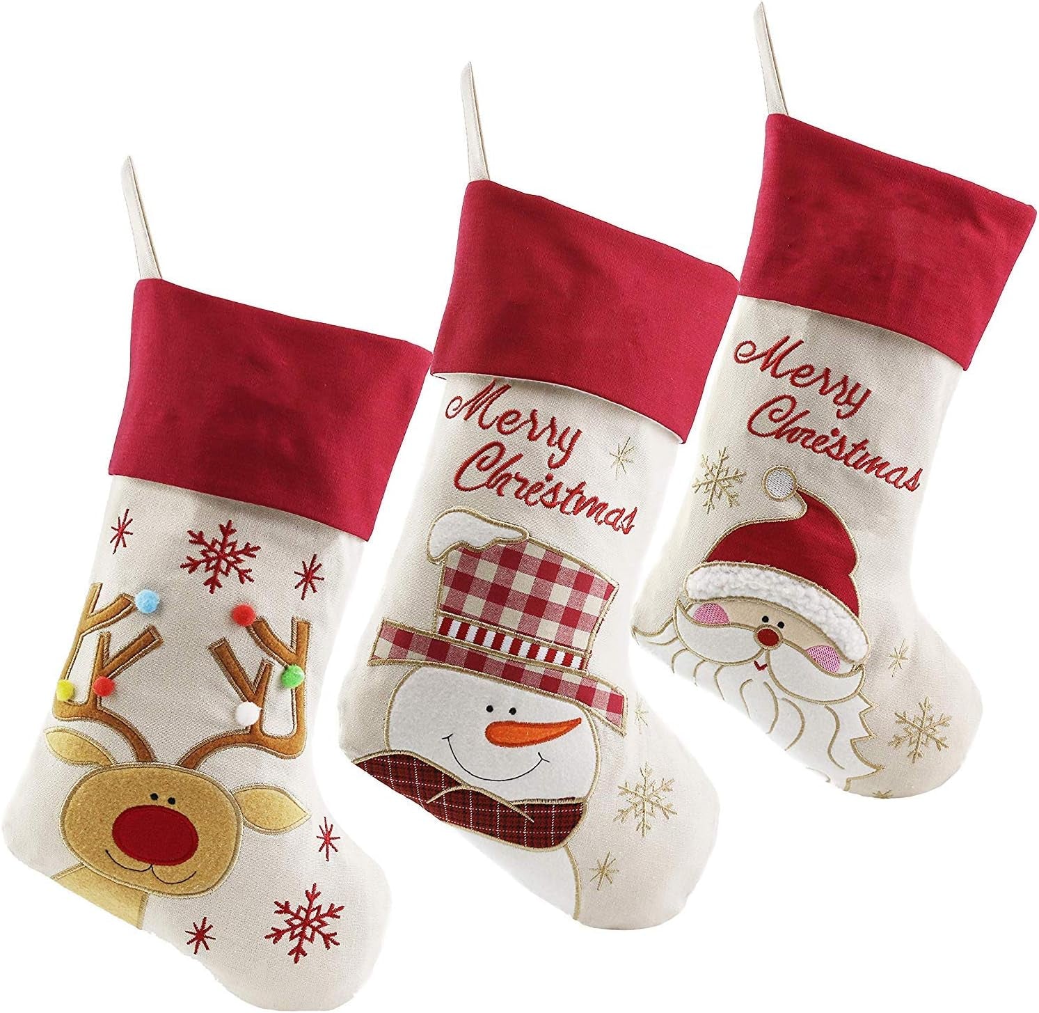 WEWILL 18'' Luxury Gold Christmas Stockings Shiny Bag for Kids, Family, Set of 3,Santa, Snowman, Reindeer