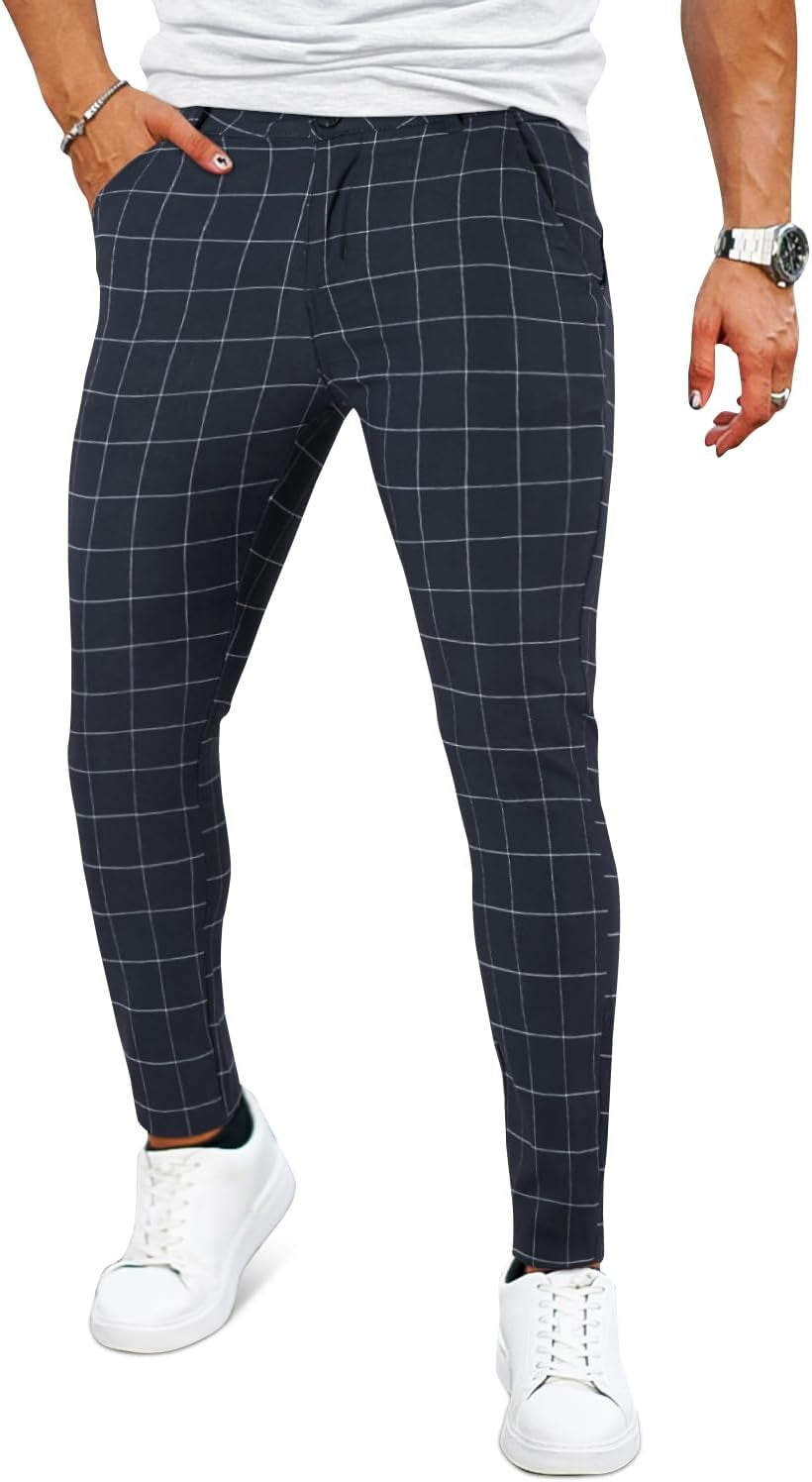 GINGTTO Mens Plaid Dress Pants Stretch Chino Pants Men Slim Fit