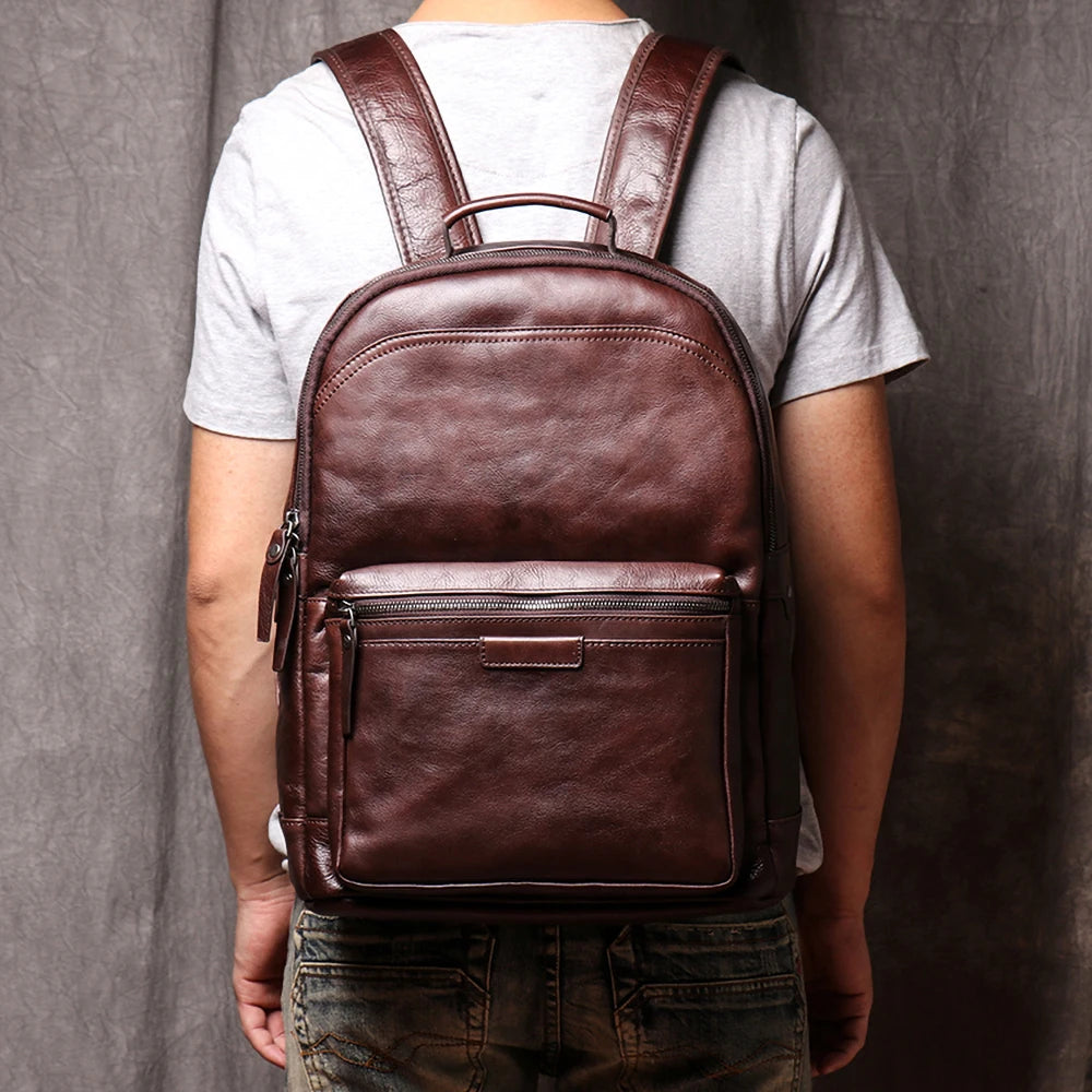 ZRCX Genuine Leather Men Backpack 14 Inch Laptop Backpack Travel School Backpack Male Fashion Backpack Brown Cowhide Backpack